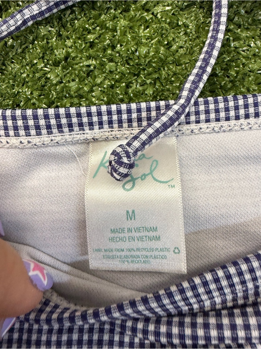 Kona Sol High Waisted Bikini Set Swimsuit Blue White Gingham Plaid Tie Detail M - Picture 6 of 7